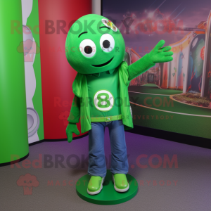 Green Momentum mascot costume character dressed with a Bootcut Jeans and Rings