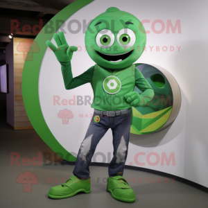 Green Momentum mascot costume character dressed with a Bootcut Jeans and Rings