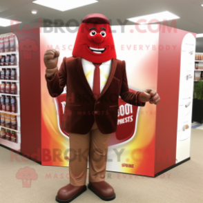 Brown Bottle Of Ketchup mascot costume character dressed with a Blazer and Pocket squares