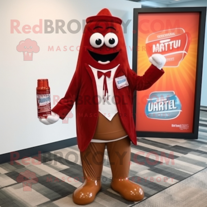 Brown Bottle Of Ketchup mascot costume character dressed with a Blazer and Pocket squares