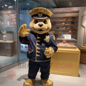 Gold Navy Soldier mascot costume character dressed with a Leather Jacket and Coin purses