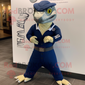 Navy Lizard mascot costume character dressed with a Empire Waist Dress and Smartwatches