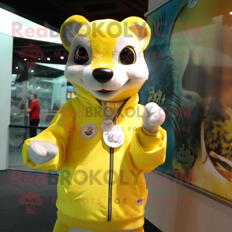 Lemon Yellow Weasel mascot costume character dressed with a Windbreaker and Necklaces