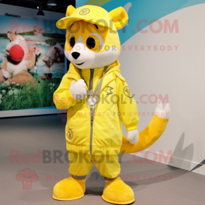 Lemon Yellow Weasel mascot costume character dressed with a Windbreaker and Necklaces