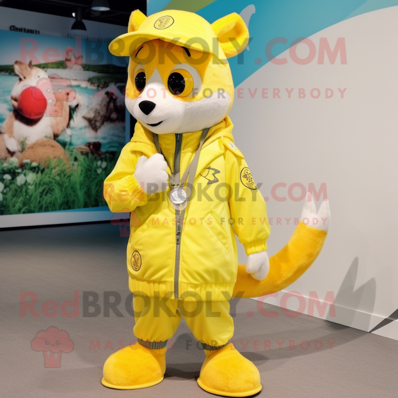 Lemon Yellow Weasel mascot costume character dressed with a Windbreaker and Necklaces Lemon Yellow Weasel mascot costume character dressed with a Windbreaker and Necklaces