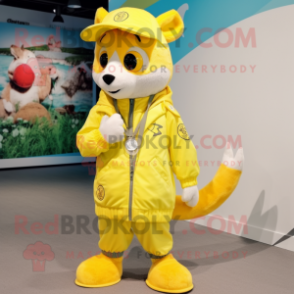 Lemon Yellow Weasel mascot costume character dressed with a Windbreaker and Necklaces