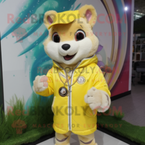 Lemon Yellow Weasel mascot costume character dressed with a Windbreaker and Necklaces