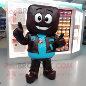 Turquoise Chocolate Bars mascot costume character dressed with a Leather Jacket and Shoe clips