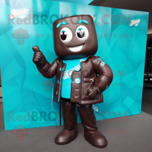 Turquoise Chocolate Bars mascot costume character dressed with a Leather Jacket and Shoe clips