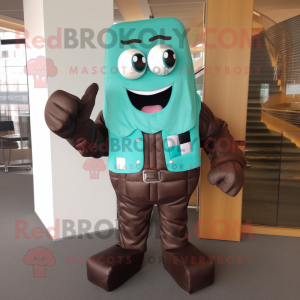 Turquoise Chocolate Bars mascot costume character dressed with a Leather Jacket and Shoe clips