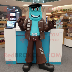 Turquoise Chocolate Bars mascot costume character dressed with a Leather Jacket and Shoe clips