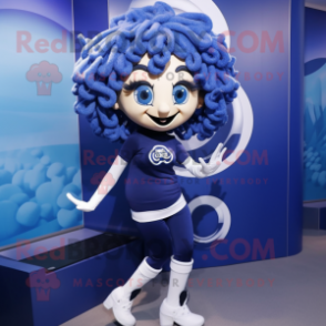 Navy Medusa mascot costume character dressed with a Leggings and Earrings