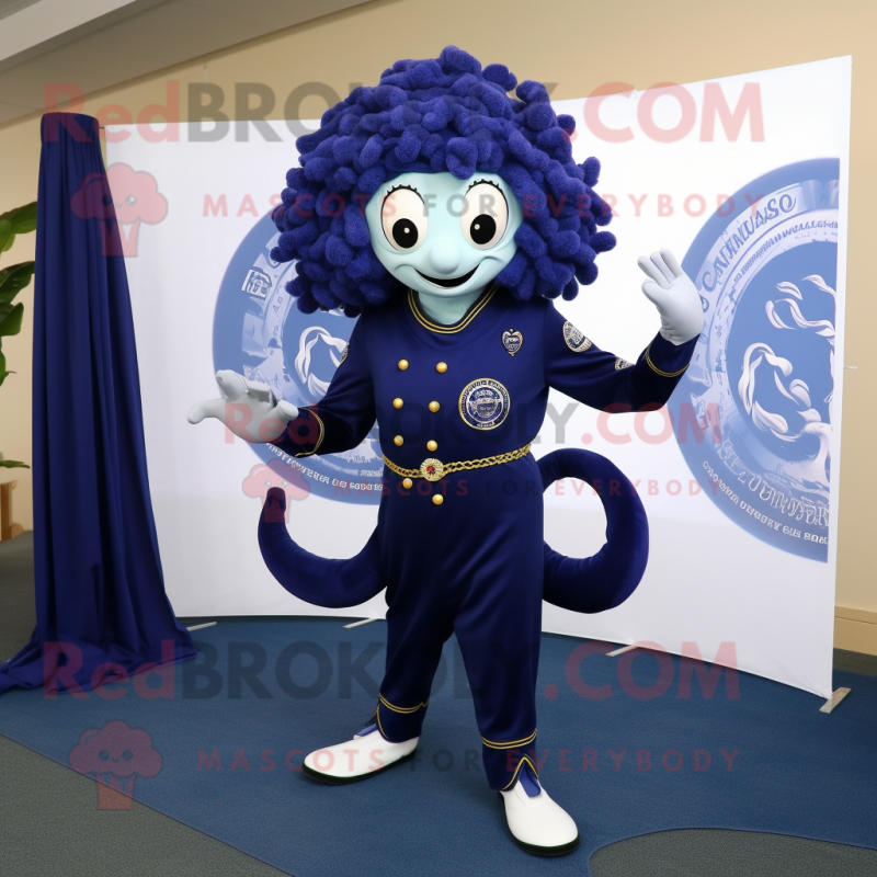 Navy Medusa mascot costume character dressed with a Leggings and Earrings
