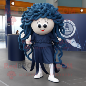 Navy Medusa mascot costume character dressed with a Leggings and Earrings