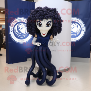 Navy Medusa mascot costume character dressed with a Leggings and Earrings