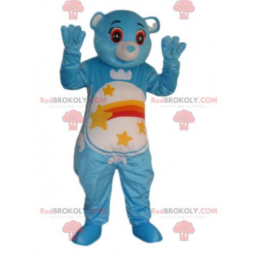 Mascotte orso blu con una stella cadente sullo stomaco -