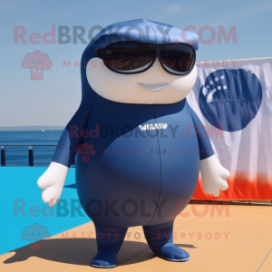 Navy Humpback Whale mascot costume character dressed with a One-Piece Swimsuit and Sunglasses