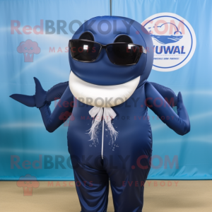 Navy Humpback Whale mascot costume character dressed with a One-Piece Swimsuit and Sunglasses