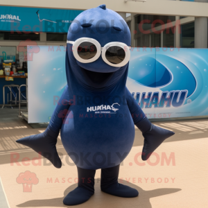 Navy Humpback Whale mascot costume character dressed with a One-Piece Swimsuit and Sunglasses