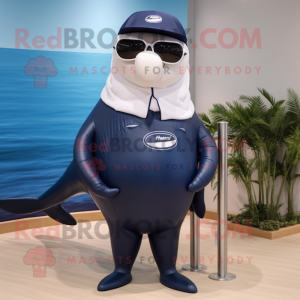 Navy Humpback Whale mascot costume character dressed with a One-Piece Swimsuit and Sunglasses