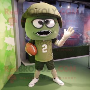 Olive American Football Helmet mascot costume character dressed with a Cargo Shorts and Beanies