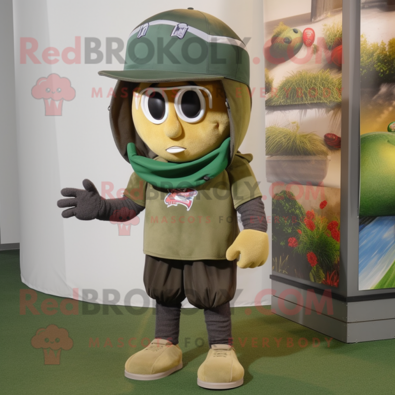 Olive American Football Helmet mascot costume character dressed with a Cargo Shorts and Beanies