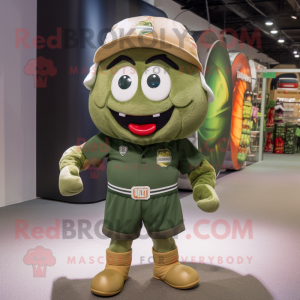 Olive American Football Helmet mascot costume character dressed with a Cargo Shorts and Beanies