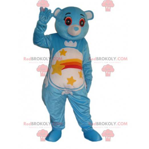 Blauwe beer mascotte met een vallende ster op zijn buik -