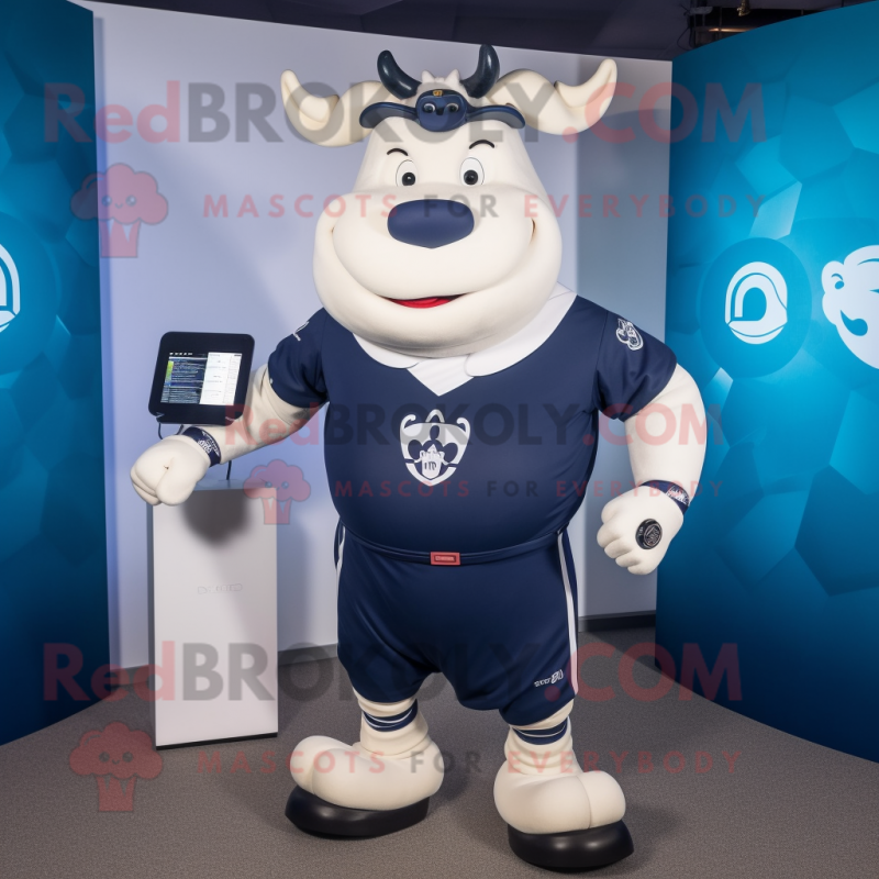 Navy Steak mascot costume character dressed with a Shorts and Digital watches Navy Steak mascot costume character dressed with a Shorts and Digital watches