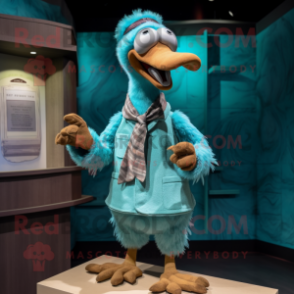 Turquoise Dodo Bird mascot costume character dressed with a Parka and Bow ties