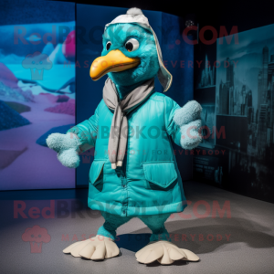 Turquoise Dodo Bird mascot costume character dressed with a Parka and Bow ties