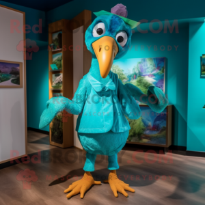 Turquoise Dodo Bird mascot costume character dressed with a Parka and Bow ties