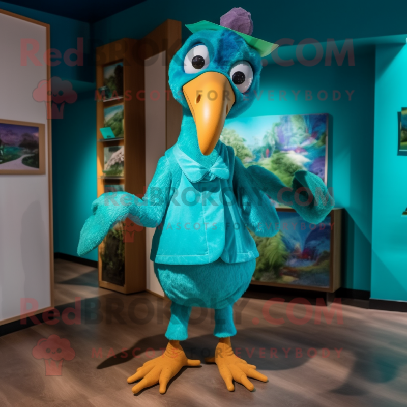 Turquoise Dodo Bird mascot costume character dressed with a Parka and Bow ties