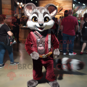 Maroon Civet mascot costume character dressed with a Mom Jeans and Tie pins