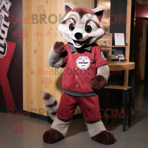 Maroon Civet mascot costume character dressed with a Mom Jeans and Tie pins