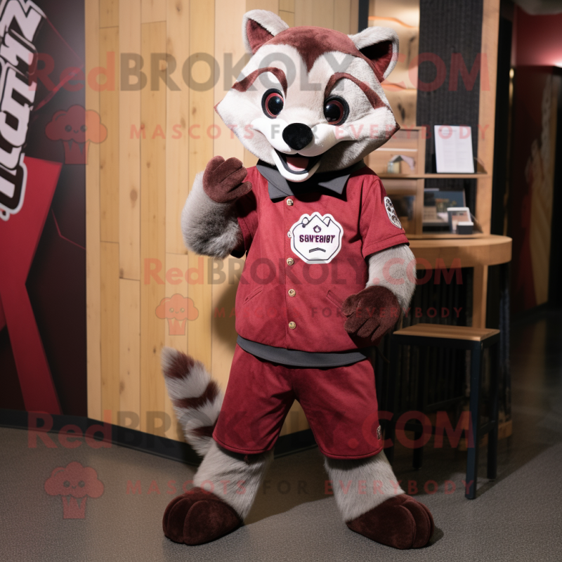 Maroon Civet mascot costume character dressed with a Mom Jeans and Tie pins