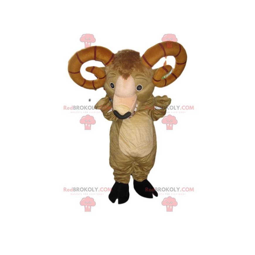 Mascot carnero beige con imponentes cuernos marrones -