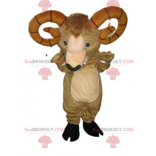 Mascot carnero beige con imponentes cuernos marrones -