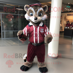Maroon Civet mascot costume character dressed with a Mom Jeans and Tie pins