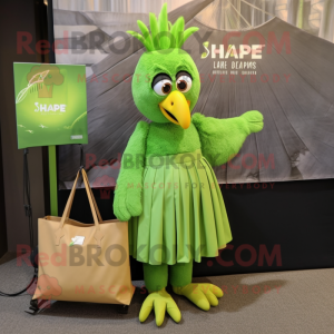 Lime Green Harpy mascot costume character dressed with a Empire Waist Dress and Tote bags