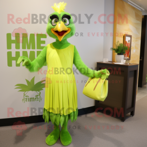 Lime Green Harpy mascot costume character dressed with a Empire Waist Dress and Tote bags