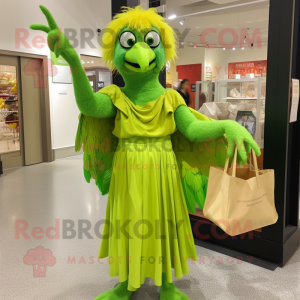 Lime Green Harpy mascot costume character dressed with a Empire Waist Dress and Tote bags