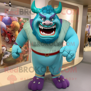Turquoise Ogre mascot costume character dressed with a Romper and Cummerbunds