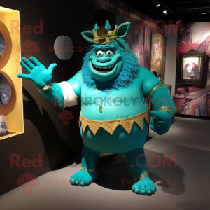 Turquoise Ogre mascot costume character dressed with a Romper and Cummerbunds