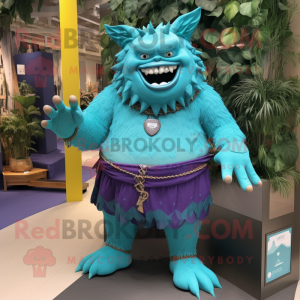 Turquoise Ogre mascot costume character dressed with a Romper and Cummerbunds