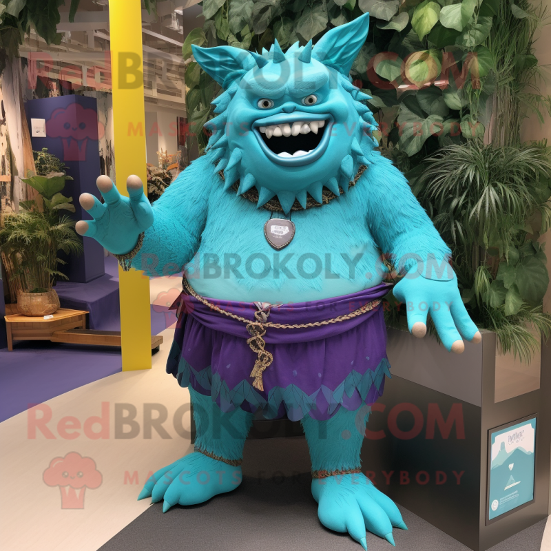Turquoise Ogre mascot costume character dressed with a Romper and Cummerbunds Turquoise Ogre mascot costume character dressed with a Romper and Cummerbunds