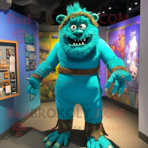 Turquoise Ogre mascot costume character dressed with a Romper and Cummerbunds