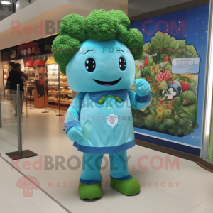 Sky Blue Broccoli mascot costume character dressed with a Playsuit and Keychains