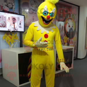 Lemon Yellow Evil Clown mascot costume character dressed with a Romper and Clutch bags
