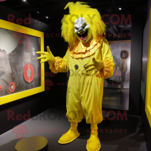 Lemon Yellow Evil Clown mascot costume character dressed with a Romper and Clutch bags
